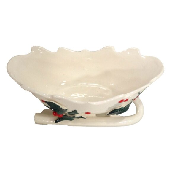 Vintage GRAVY BOWL Christmas ceramic sleigh with holly & berries LEFTON 1960's - Picture 2 of 6